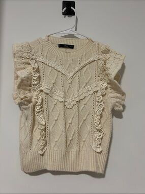 Mango Ivory Lace-Trim Cable Knit Vest